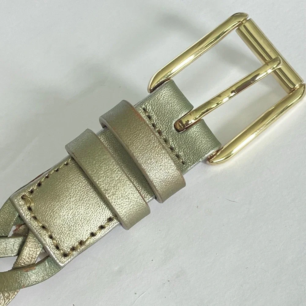 3/$25 Talbots Metallic Sage Green Braided‎ Leather Belt Gold Buckle 31-35 inch